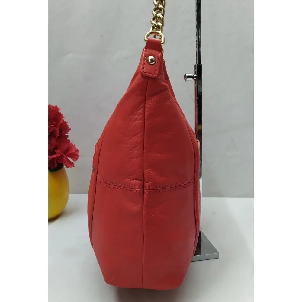 B. Makowsky Red Leather Quilted Chain Strap Zipper Hobo Shoulder Bag